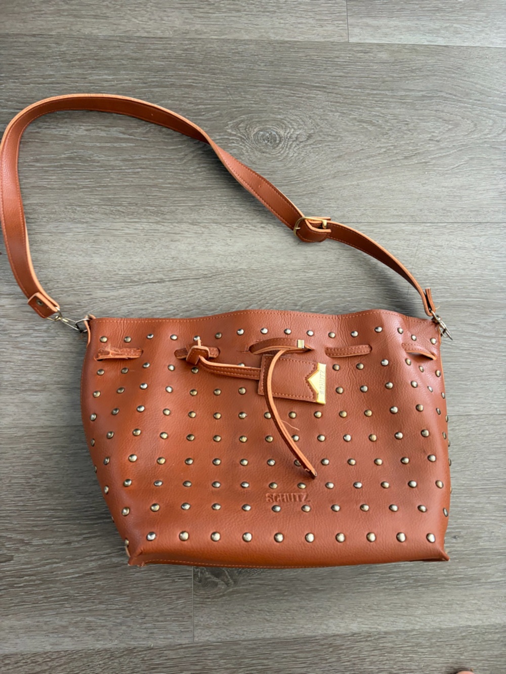 SCHUTZ Caramel‎ Tan Studded Bucket Shoulder Bag